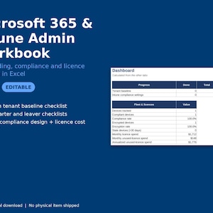 Puede incluir: Un libro de trabajo digital de Microsoft 365 e Intune Admin para Excel. El gráfico azul muestra un panel con métricas de progreso y flota, incluyendo una lista de verificación de 30 elementos, listas para nuevos empleados y bajas, y un rastreador.