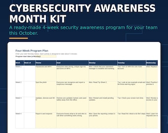 Cybersecurity Awareness Month Kit October 2026 | 4-Week Employee Security Training Program, Tip Sheets, Quiz & Tracker (Digital Download)