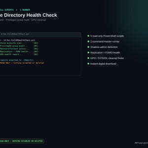 May include: A digital product display for Active Directory Health Check featuring five PowerShell scripts and one runner. The interface shows a command line terminal with status updates and a list of features including shadow-admin detection.