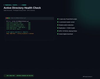 Active Directory Health Check Scripts | Stale Accounts, Privileged Groups, GPO Cleanup (Digital Download)