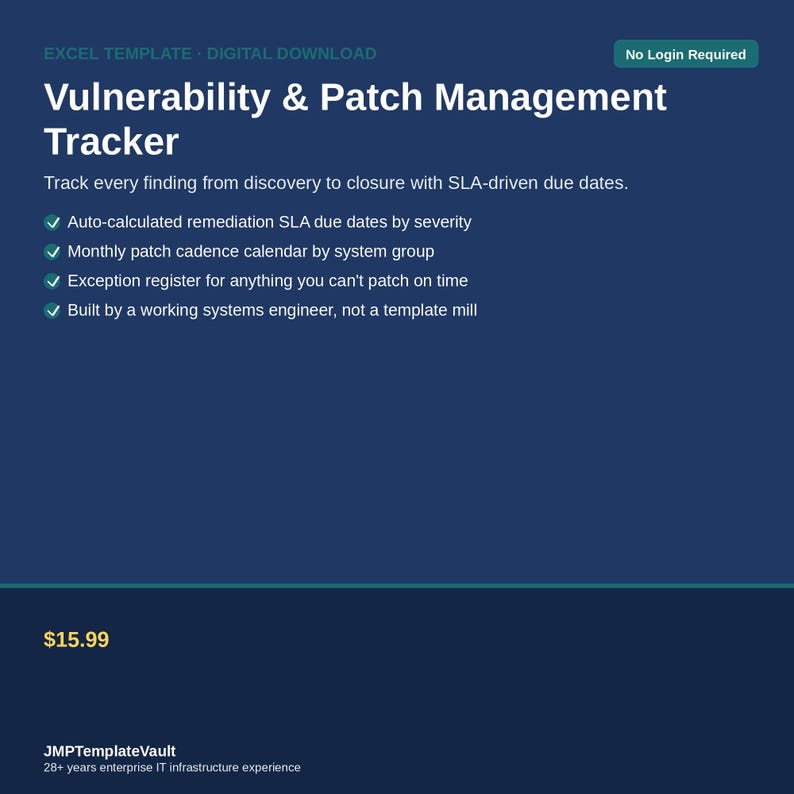 May include: A dark blue digital Excel template for Vulnerability & Patch Management Tracking. It features text detailing SLA-driven due dates, auto-calculated remediation, a monthly patch calendar, an exception register, and system engineer design.