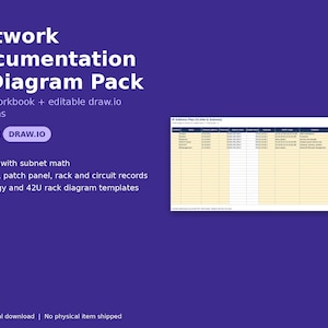 May include: A digital network documentation and diagram pack featuring an Excel workbook and editable draw.io files. The purple graphic displays text including Network Documentation & Diagram Pack, EXCEL, DRAW.IO, and a sample IP address plan table.
