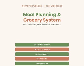 Weekly Meal Planner & Grocery List System | Excel Template (Digital Download)