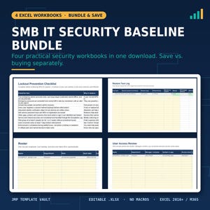 Può includere: Un pacchetto digitale di quattro cartelle di lavoro Excel intitolato SMB IT SECURITY BASELINE BUNDLE. L'immagine mostra quattro distinti modelli di fogli di calcolo: Lockout Prevention Checklist, Restore Test Log, Roster e User Access Review su sfondo blu.