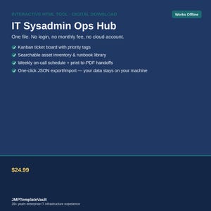 May include: A dark blue digital download graphic for an IT Sysadmin Ops Hub tool. It lists features including a Kanban ticket board, asset inventory, runbook library, on-call schedule, and JSON export capabilities. It notes it works offline.