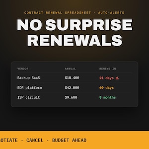 Vendor Contract Renewal Tracker | SaaS Subscriptions, Software Licenses, Color-Coded Due Dates | Excel