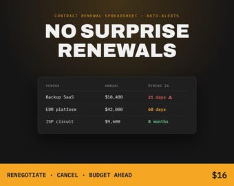 Vendor Contract Renewal Tracker | SaaS Subscriptions, Software Licenses, Color-Coded Due Dates | Excel