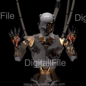 Op de afbeelding: Een witte en gouden robot met gloeiende oranje handen, opgehangen aan draden tegen een zwarte achtergrond. De robot heeft een mensachtig gezicht met een metalen oog.