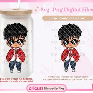 May include: A glass tumbler with a wooden lid and straw, featuring a cartoon illustration of a person wearing sunglasses, a red jacket, and blue jeans. The image includes text that reads "Svg | Png Digital Files" and "Basic Commercial use."