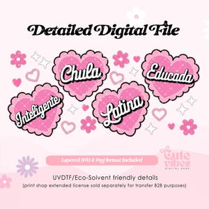 May include: Pink heart-shaped designs with the words "Inteligente", "Chula", "Latina", and "Educada" in black text. The designs are layered on a pink background with white flowers and glitter.