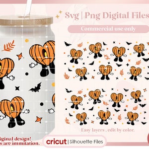 Op de afbeelding: Een digitaal ontwerpbestand met een patroon van oranje en zwarte hartvormige pompoenen met benen en armen. Het ontwerp is perfect voor het maken van Halloween-thema ambachten, zoals T-shirts, mokken en stickers. Het bestand is beschikbaar in SVG en PNG-formaten en is alleen voor commercieel gebruik.