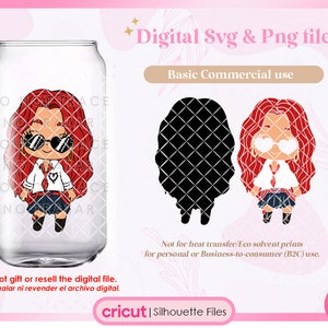 May include: A digital design featuring a cartoon girl with red hair wearing sunglasses, a white shirt, a red tie, and a black skirt. The design is available as a SVG and PNG file for commercial use.