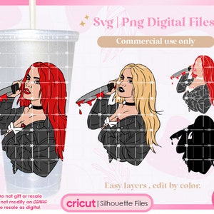 May include: A digital design file for a tumbler featuring a woman with red hair holding a bloody knife. The design is layered and can be edited by color. The text "Svg | Png Digital Files" and "Commercial use only" is included in the image.