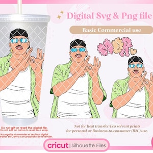 Puede incluir: Archivo digital SVG y PNG de un hombre de dibujos animados con gafas de sol y una camisa verde haciendo el signo de OK con ambas manos. La imagen es adecuada para uso comercial básico. El texto "Digital Svg & Png file" y "Basic Commercial use" se muestra en la imagen. El texto "Not for heat transfer/Eco solvent prints for personal or Business-to-consumer (B2C) use." también se muestra en la imagen.
