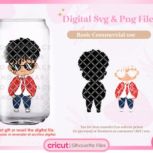 May include: Digital file of a cartoon boy wearing a red jacket, blue jeans, and sunglasses. The image is in a can-shaped frame. The text "Digital Svg & Png File" is at the top of the image. The text "Basic Commercial use" is below the image. The text "Do not gift or resell the digital file. No regalar ni revender el archivo digital." is at the bottom of the image.