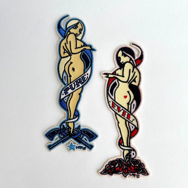 Evil and Pure Girl embroidered patches, pin-up bombshell girl patches