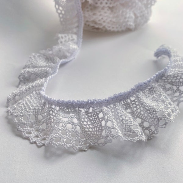 White Stretch Cluny lace trim, Ruffled cotton crochet lace with a stretch edge, 40mm/1 1/2" wide, sustainable eco-friendly haberdashery