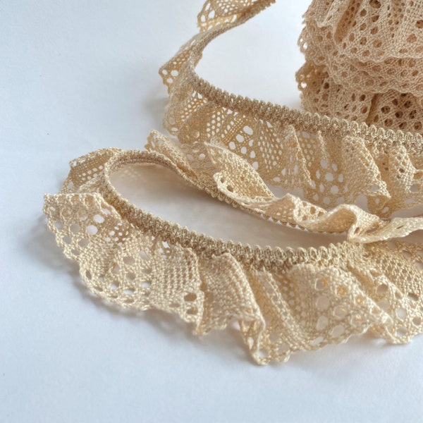 Ecru Stretch Cluny lace trim, Ruffled cotton crochet lace with a stretch edge, 40mm/1 1/2" wide, Sustainable eco-friendly haberdashery
