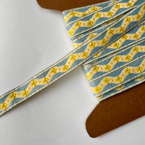 Floral Vintage Jacquard woven ribbon trimming in blue and yellow, sold by the metre. Deadstock vintage Ribbons, Haberdashery and notions