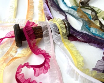 19mm Sheer Stretch Chiffon Frill Edging Trim  - sold by the metre - 16 pretty colours. Ruffle edge elastic, organza frill trim