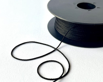 Black 1mm Rayon Silky Twisted Cord. Super fine narrow silky cord, ribbon