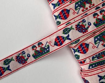 Auf gehts Angeln Vintage Jacquard Webband. Skandinavisch inspirierter Besatz, Boot, Nautik, Meer, Angeln Kinder Deadstock Vintage Bänder