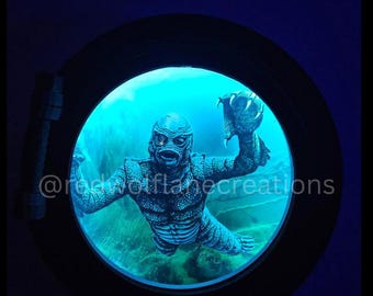 Large Creature from the Black Lagoon Porthole Wall Decor | LED Horror Tiki Bar Art | Giant Spooky Nautical Monster Wall Hanging | Handmade G