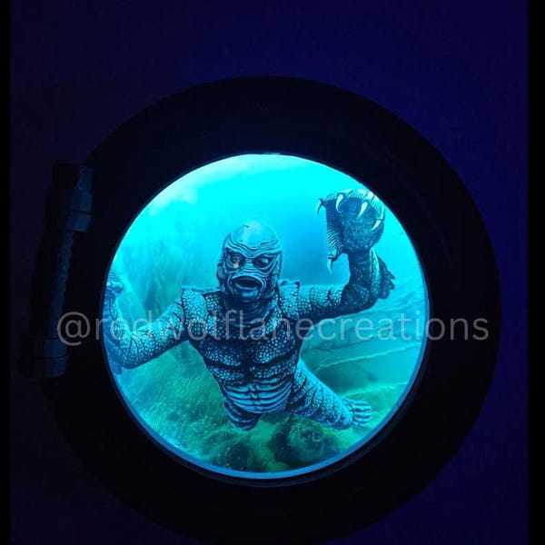 Large Creature from the Black Lagoon Porthole Wall Decor | LED Horror Tiki Bar Art | Giant Spooky Nautical Monster Wall Hanging | Handmade G