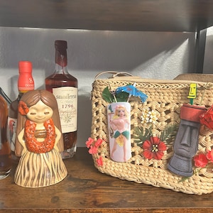 The Moai and the Temptress Tiki Purse | Hula Girl & Moai Totem with Floral and Cocktail Charms | Light Up Charm Handbag