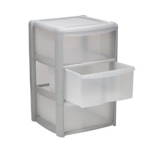 May include: A three-drawer storage unit with a light grey frame and translucent drawers. One drawer is partially open, revealing its interior. The unit is designed for organising and storing items, suitable for various rooms.