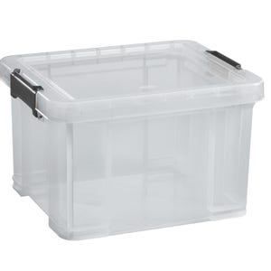 May include: Clear plastic storage box with a black latch on the lid. The box is empty and has a rectangular shape.