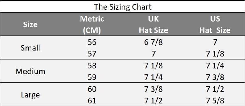 May include: A sizing chart for hats, showing the corresponding hat size in US, UK, and metric (cm) measurements. The chart lists sizes from small to large.