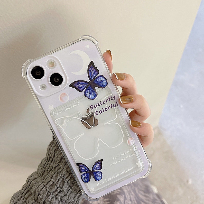 Card Holder Phone Case for iPhone 13 Pro 12 11 Max XR XS X 7 8 SE Butterfly Phone Case Clear Phone Case Purple Gift for Her 