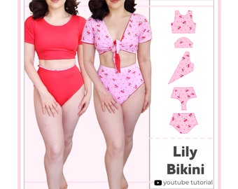 Women's Reversible High Waisted Bikini | 4 Way Tie Front Top | Digital PDF Sewing Pattern | XS - 5XL | Instant Download