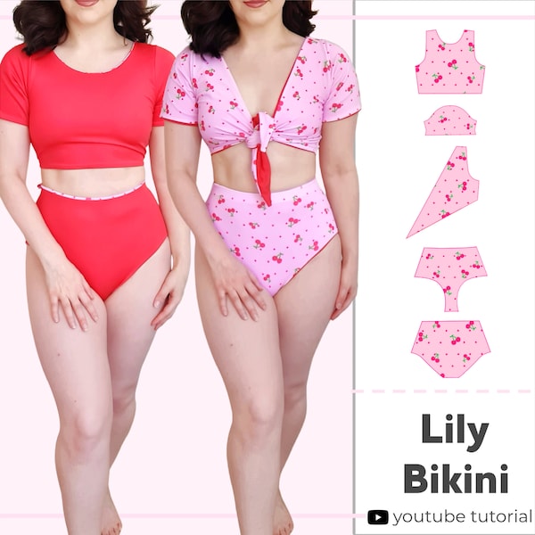 Damen Wende Bikini mit hoher Taille | 4 Way Top zum Binden vorne | Digitales PDF Schnittmuster | XS - 5XL | Sofort Download