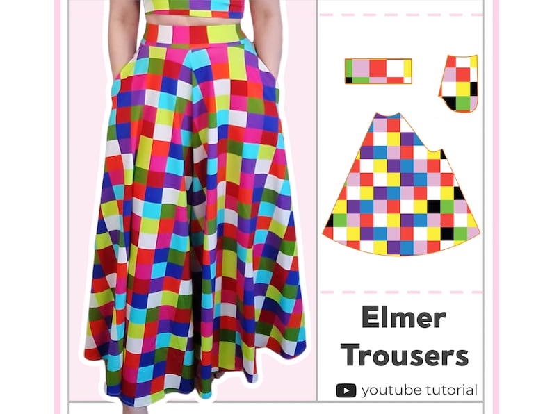 Op de afbeelding: Een kleurrijke, geruite rok met een brede tailleband en zakken. De rok is een volledige cirkelvorm en wordt getoond op een model. De afbeelding bevat een link naar een YouTube-tutorial voor "Elmer Trousers".