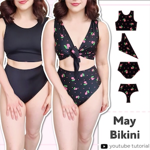 Women&#39;s Reversible Sleeveless High Waisted Bikini | 4 Way Tie Front Top | Digital PDF Sewing Pattern | XS - 5XL | Instant Download