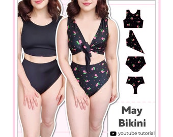 Women's Reversible Sleeveless High Waisted Bikini | 4 Way Tie Front Top | Digital PDF Sewing Pattern | XS - 5XL | Instant Download