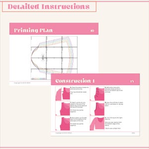 May include: A pink and white sewing pattern instruction sheet with a diagram of a sleeve and a printing plan. The instructions include steps for sewing a sleeve to a top, with text and illustrations. The text includes the phrase "Construction 1" and "Copyright &copy; KATIE SEWS".