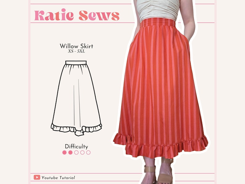 May include: A line drawing of a skirt with a ruffle hem, labeled "Willow Skirt" and "XS-5XL". A woman is wearing a red and white striped skirt with a ruffle hem. The skirt is labeled "Katie Sews".