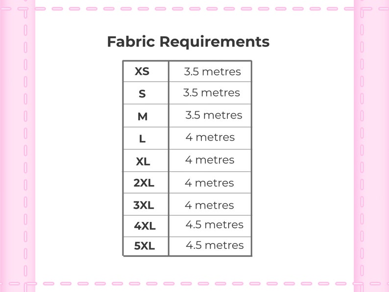 Op de afbeelding: Stofvereistentabel voor verschillende maten, van XS tot 5XL. De tabel toont de benodigde hoeveelheid stof in meters voor elke maat.