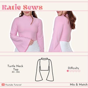 Turtle Neck Crop Top Sewing Pattern: Flared Sleeves (Digital PDF XS-5XL)
