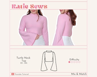 Turtle Neck Crop Top Sewing Pattern: Flared Sleeves (Digital PDF XS-5XL)