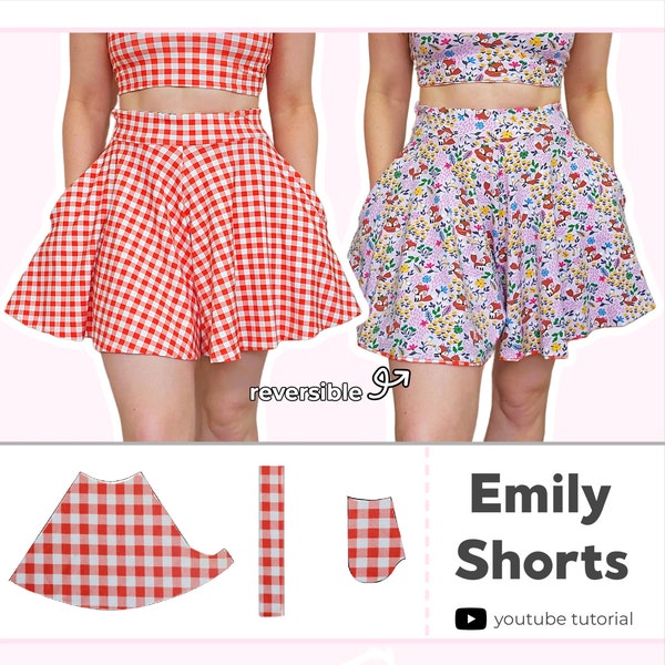 Short trapèze réversible pour femme avec poches | Patron de couture PDF numérique | XS - 5XL | Téléchargement instantané