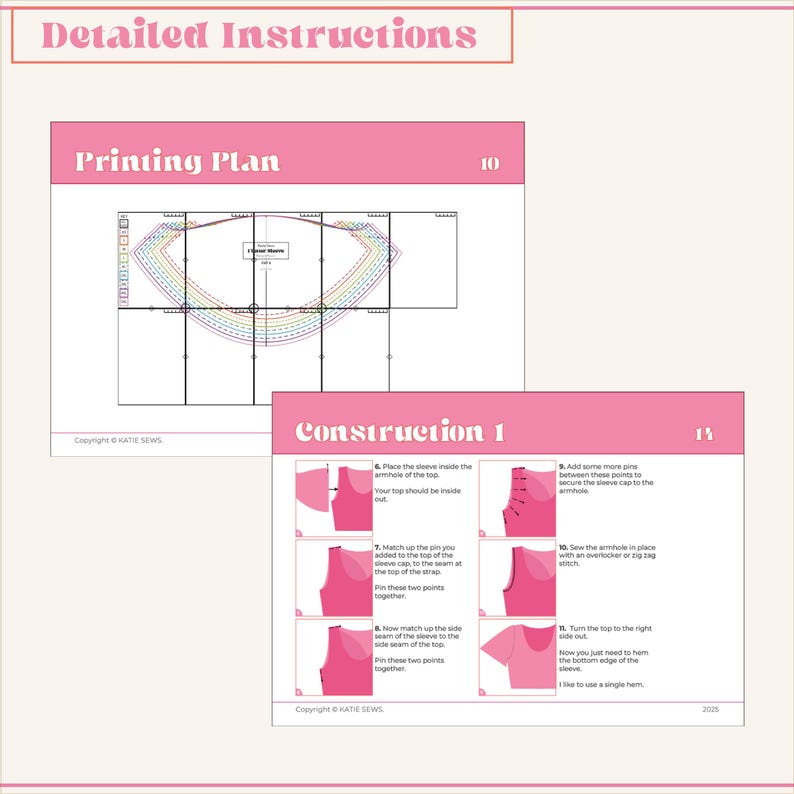 May include: A pink and white sewing instruction sheet with a diagram of a sleeve being sewn into a top. The instructions are numbered and include text such as "Place the sleeve inside the armhole of the top" and "Copyright Katie Sews".