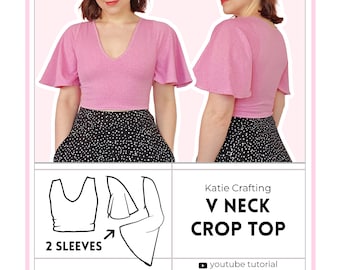 V Neck Crop Top | 2 Sleeves Options | Mix & Match | Digital PDF Sewing Pattern | XS - 5XL | Instant Download | Beginner Friendly