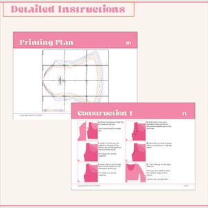 Puede incluir: Una hoja de instrucciones de patr&oacute;n de costura rosa y blanca con un diagrama de una manga y una cuadr&iacute;cula para imprimir. El texto en la hoja dice "Instrucciones detalladas", "Plan de impresi&oacute;n", "Construcci&oacute;n 1", "Copyright &copy; KATIE SEWS" y "2025".
