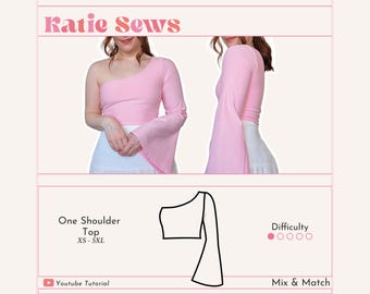 One Shoulder Crop Top Sewing Pattern: Flared Sleeve (Digital PDF XS-5XL)