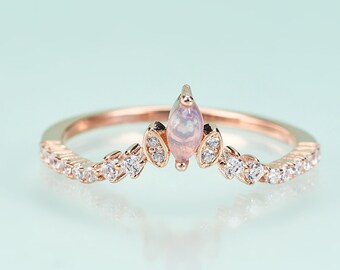 14k Rose Gold Opal Curved Wedding Band Moissanite  Silver Stacking Ring V Wedding Promise ring Anniversary Gift for Her