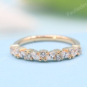 Marquise Moissanite Wedding Band, Vintage Stacking Band, Antique Diamond Ring, Matching Bands, Unique Yellow Gold Anniversary Promise Ring